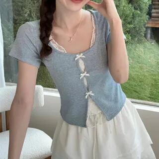 Mock Two-Piece Short-Sleeve Scoop Neck Lace Panel Slit Crop Top High Waist Layered Mini A-Line Skirt Top - Blue