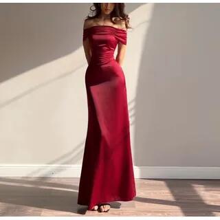 Short-Sleeve Off Shoulder Plain Maxi A-Line Dress Wine Red
