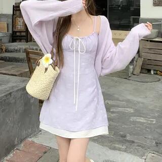 Spaghetti Strap Mini A-Line Dress Plain Cardigan Dress - - Purple