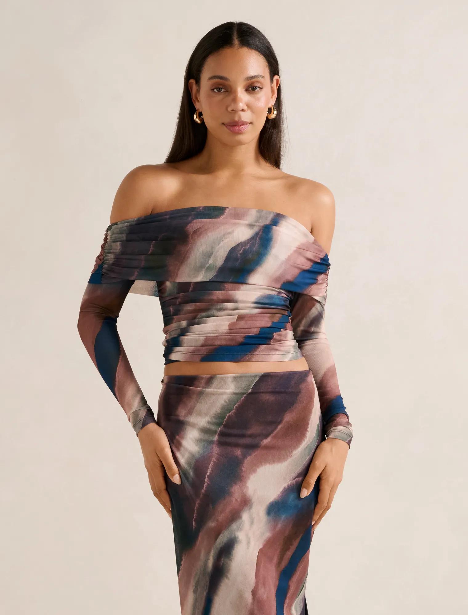 Forever New Women's Kaia Ruched Mesh Bardot Top in Maren Co-Ord, Size X-Small Recycled PolyesterSpandex