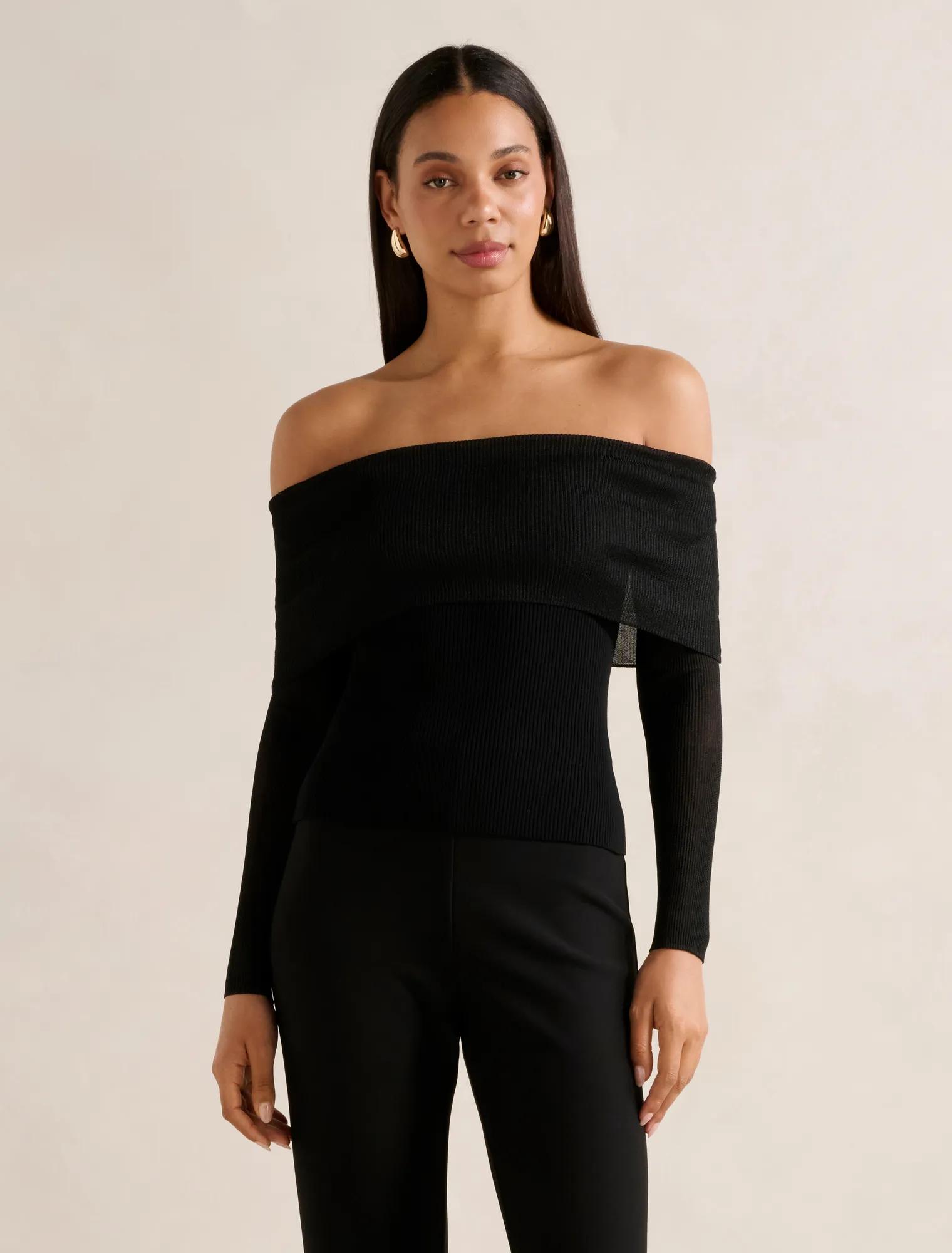 Forever New Women's Brynn Bardot Knit Top in Black, Size X-Small ViscosePolyamidePolyester