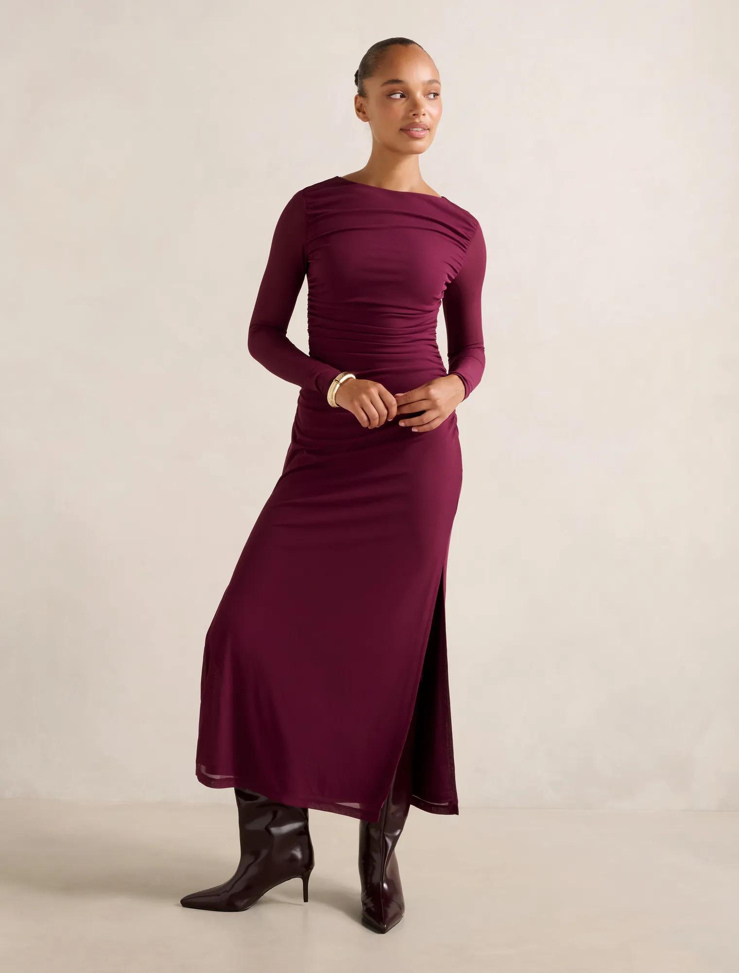 Forever New Women's Brittany Gathered Mesh Midi Dress in Plum Caspia, Size Recycled PolyesterElastane
