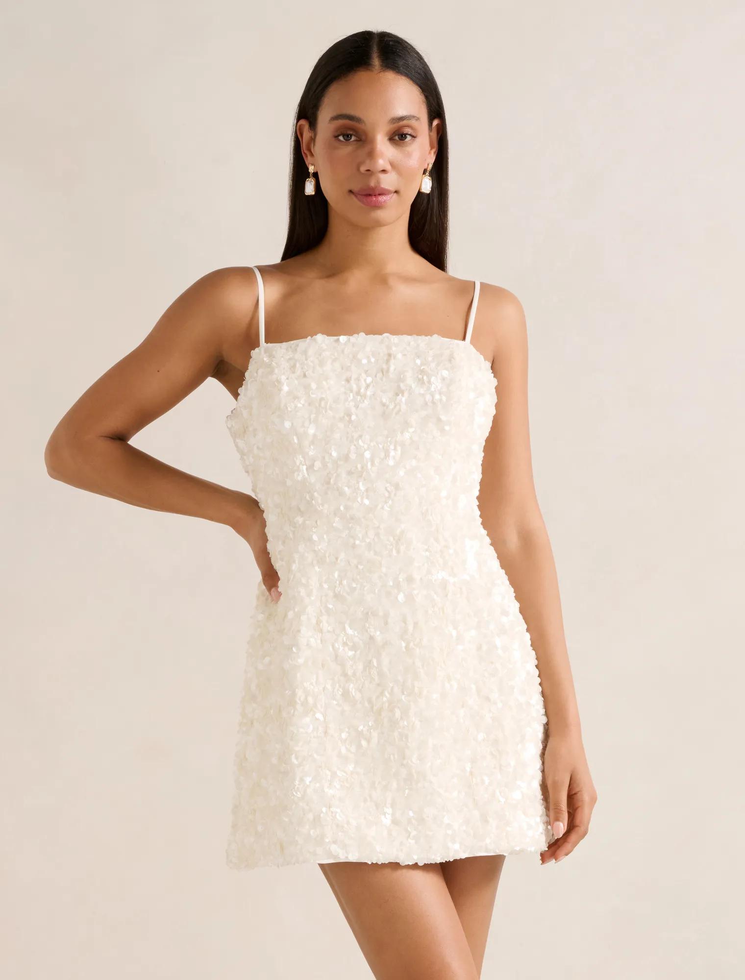 Forever New Women's Kirby Sequin Mini Dress in Porcelain, Size PolyesterRecycled Polyester