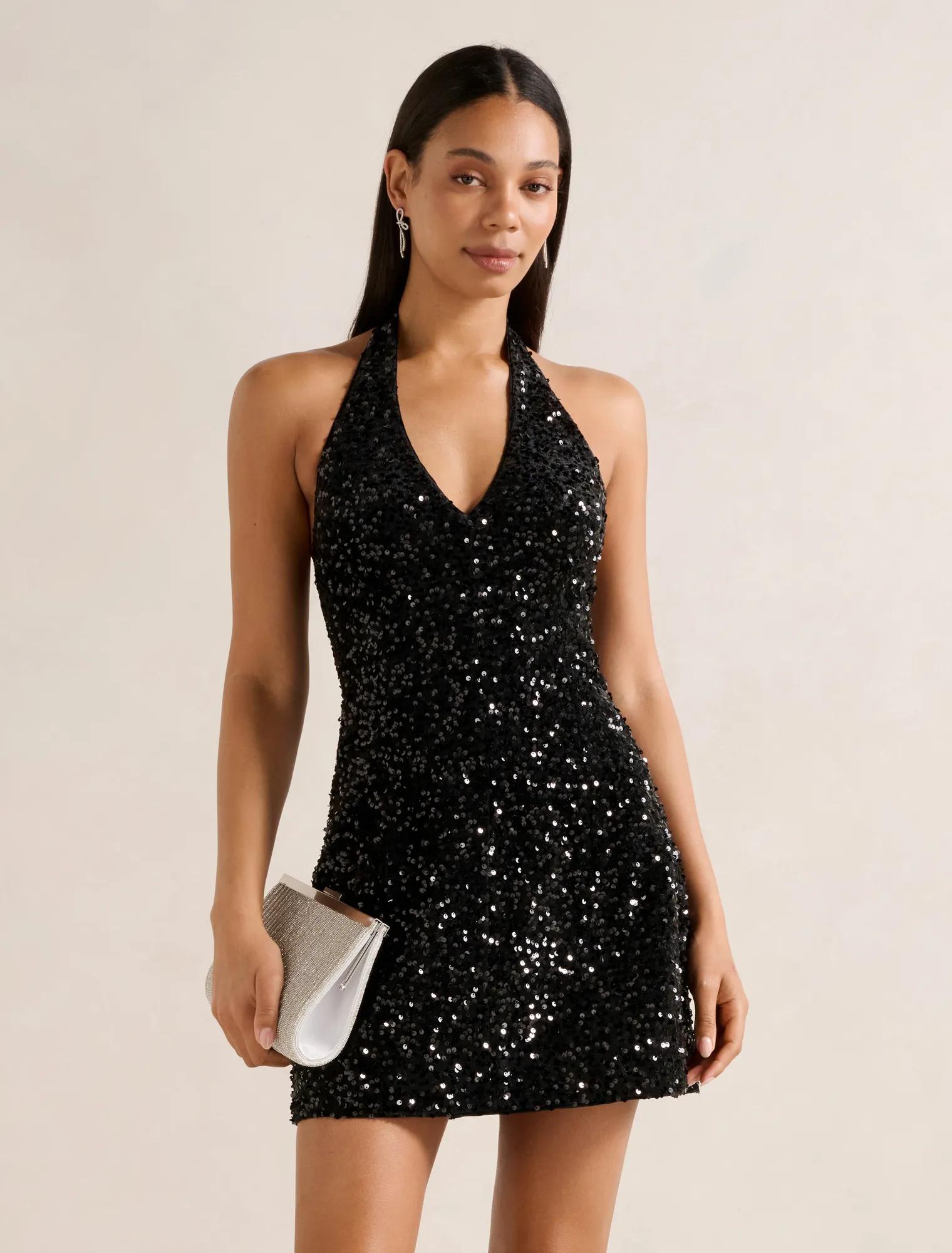 Forever New Women's Riley Sequin Halter Mini Dress in Black, Size PolyesterRecycled Polyester