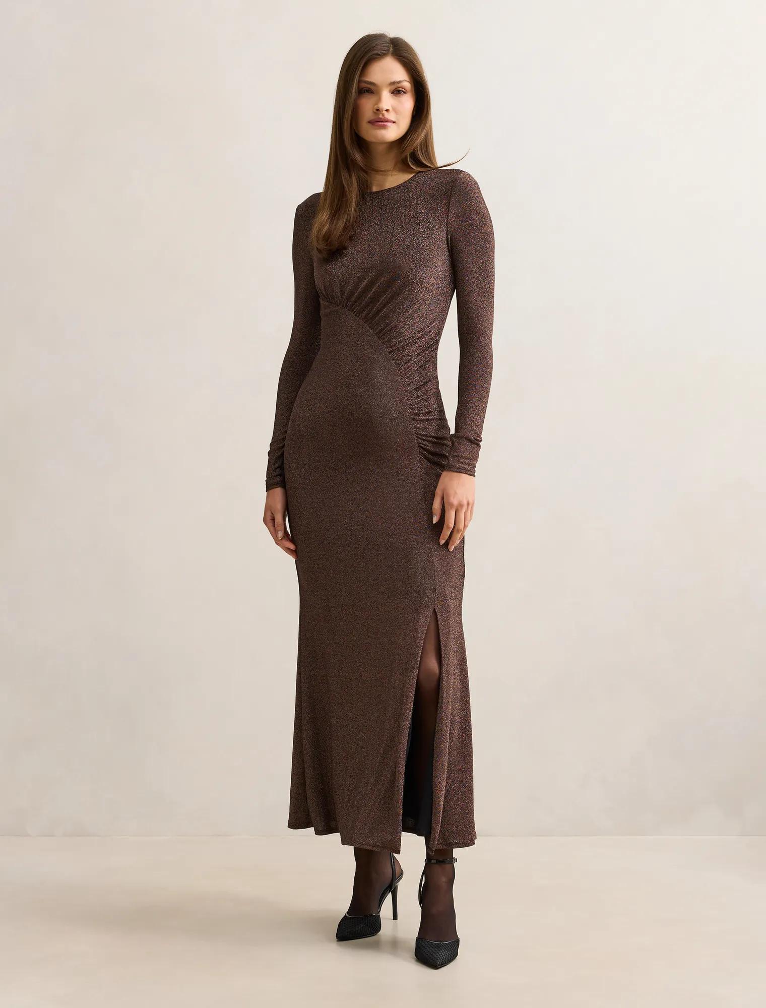 Forever New Women's Farrah Glitter Draped Maxi Dress in Dark Bronze, Size PolyamideMetallised FibreElastane