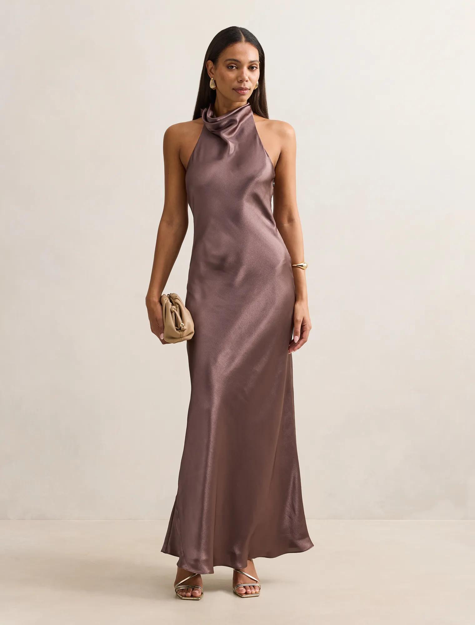 Forever New Women's Clementine High Neck Satin Maxi Dress in Moonlight, Size Recycled Polyester