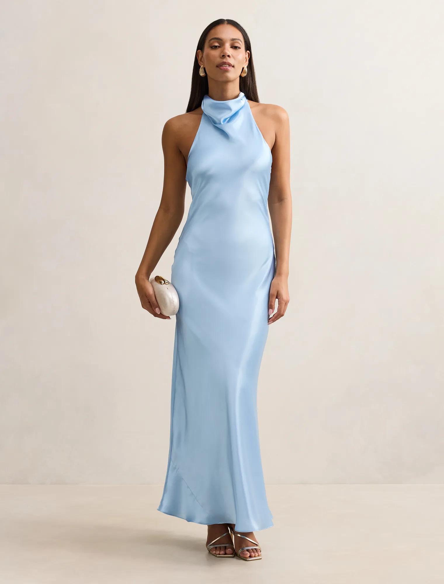 Forever New Women's Clementine High Neck Satin Maxi Dress in Bluebell, Size Recycled Polyester