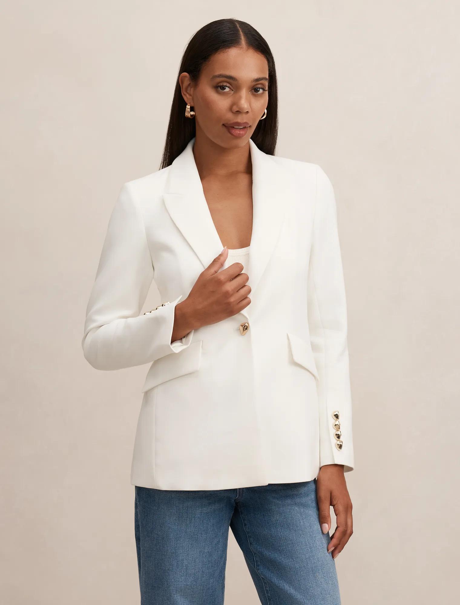 Forever New Women's Trixie Gold Button Blazer Jacket in Porcelain, Size PolyesterViscoseElastane