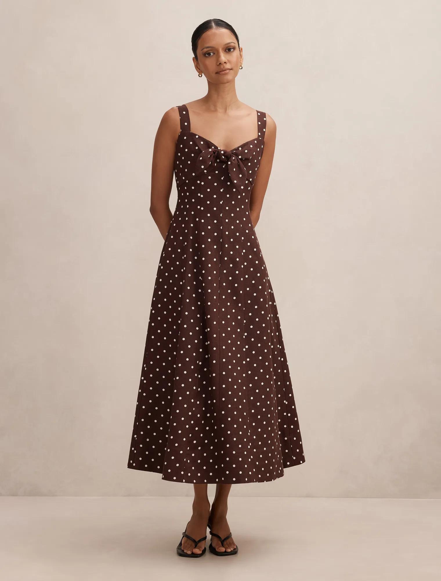 Forever New Women's Kara Petite Tie Front Linen Midi Dress in Choc Kinsey Spot, Size