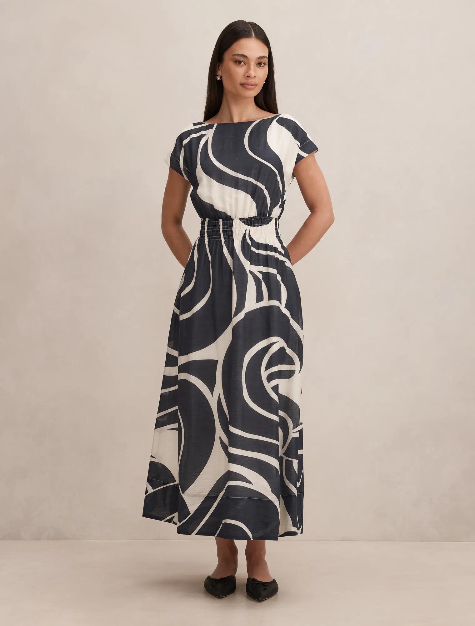 Forever New Women's Callie Elastic Waist Midi Dress in Navy Morley, Size LyocellPolyamideLinen