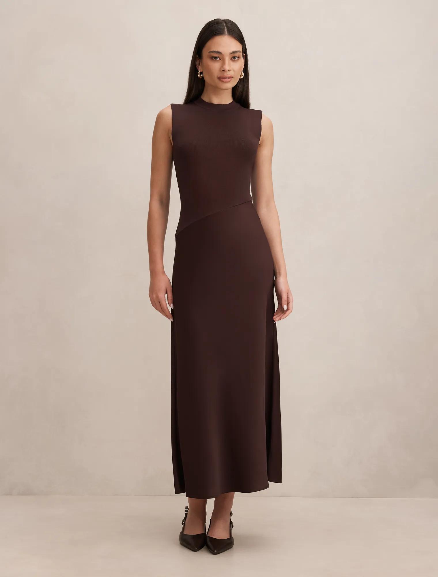 Forever New Women's Jayden Satin Mixed Midi Dress in Chocolate, Size ViscosePolyamideElastane
