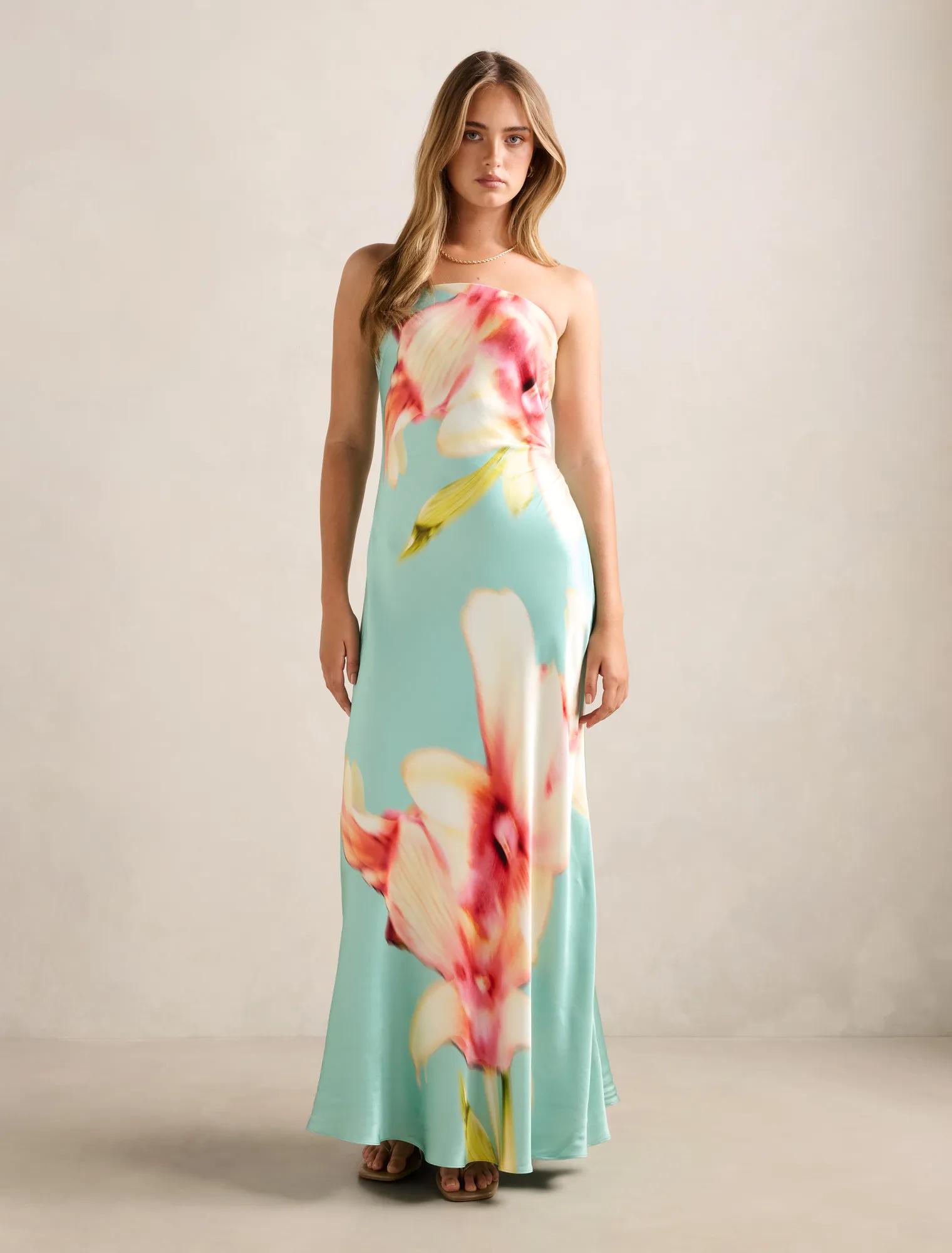 Forever New Women's Estelle Satin Strapless Maxi Dress in Capella Floral, Size ViscosePolyester