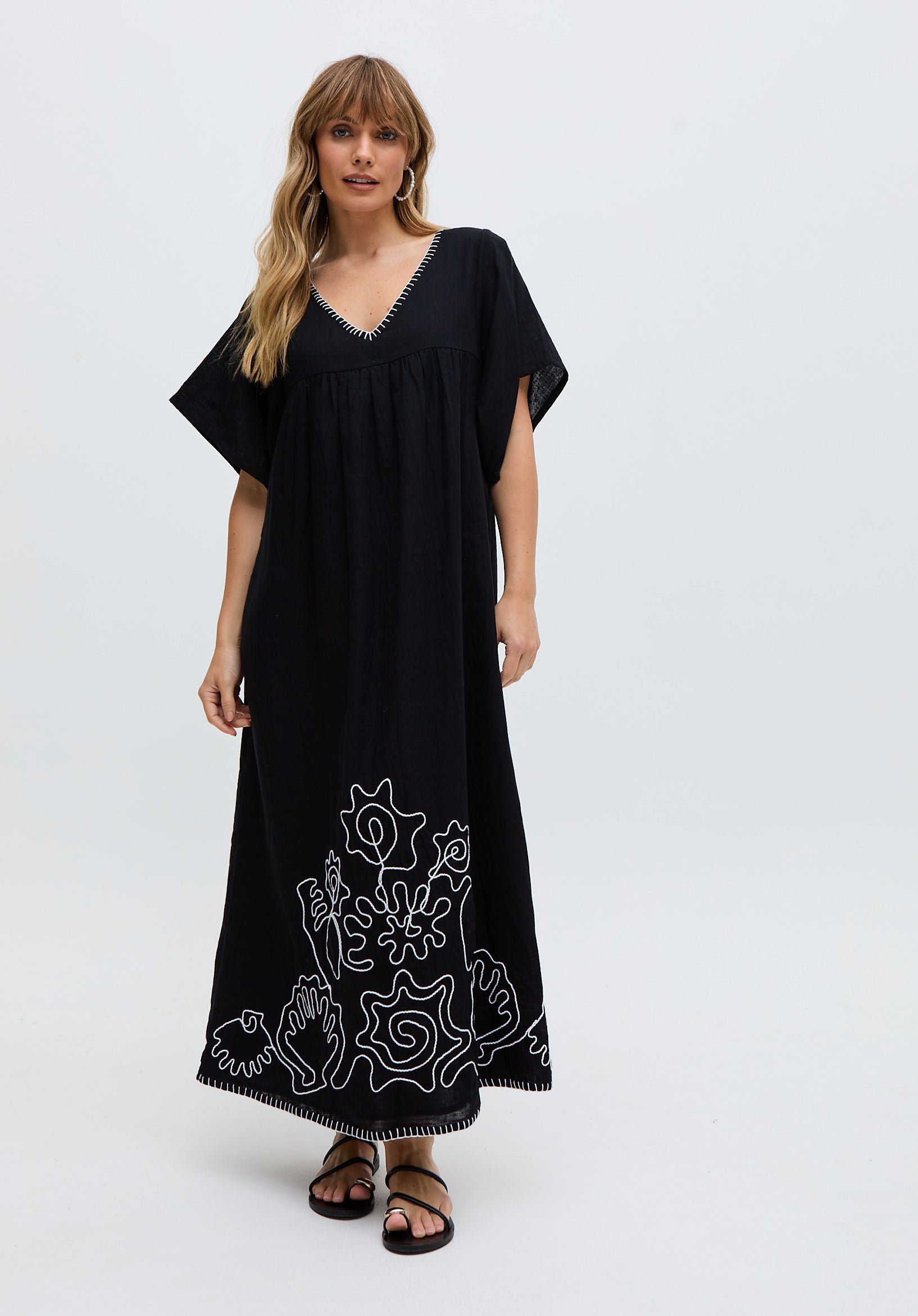 Candy Tabard Embroidered Hem Maxi Dress In Black