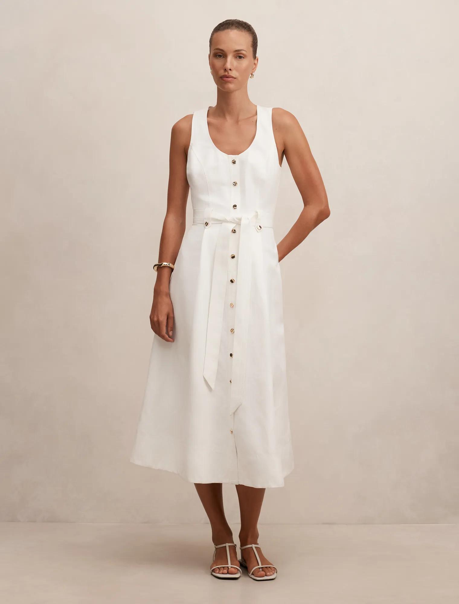 Forever New Women's Priscilla Button Down Midi Dress in Porcelain, Size LinenViscoseViscose