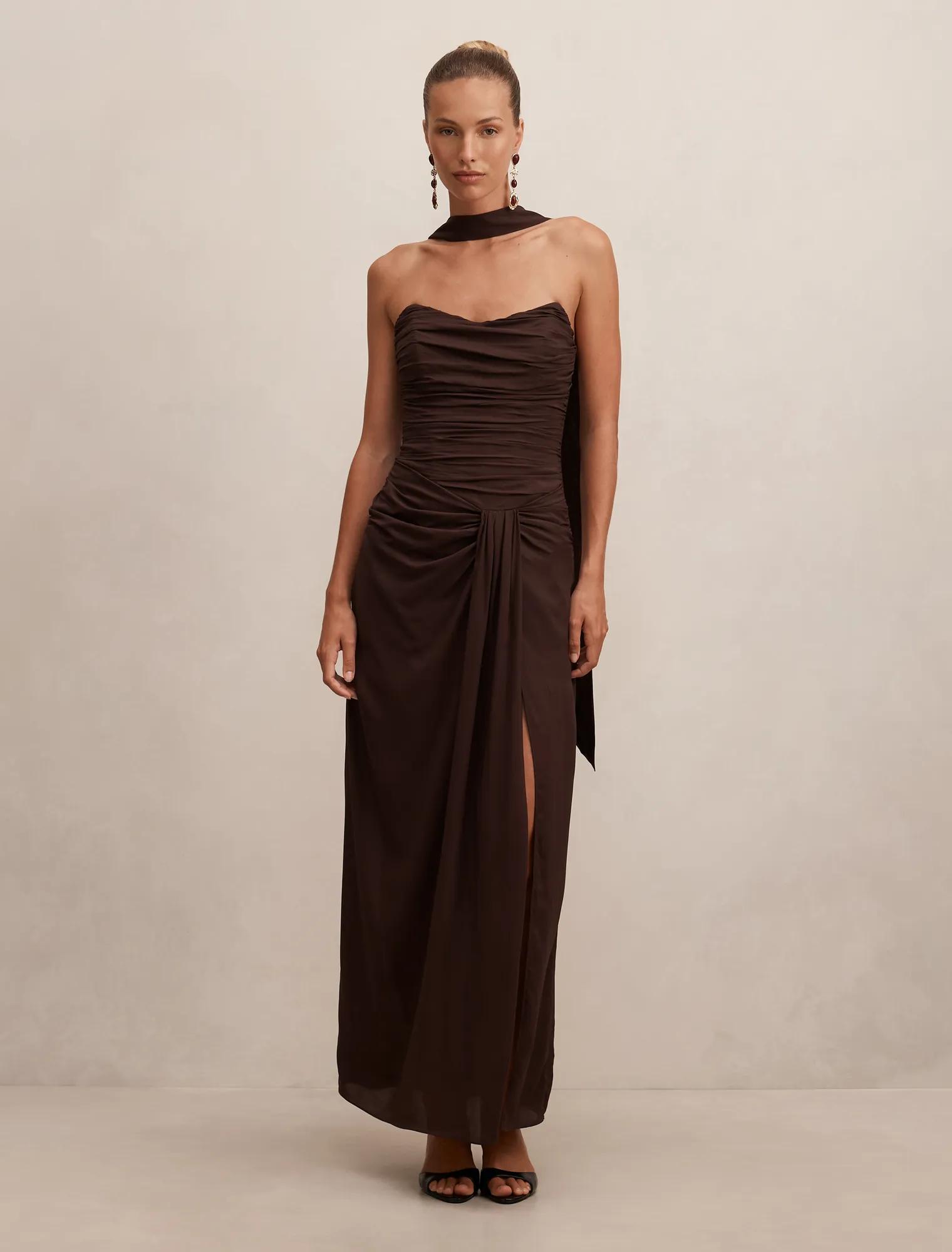 Forever New Women's Arli Strapless Ruched Maxi Dress in Chocolate, Size Viscose