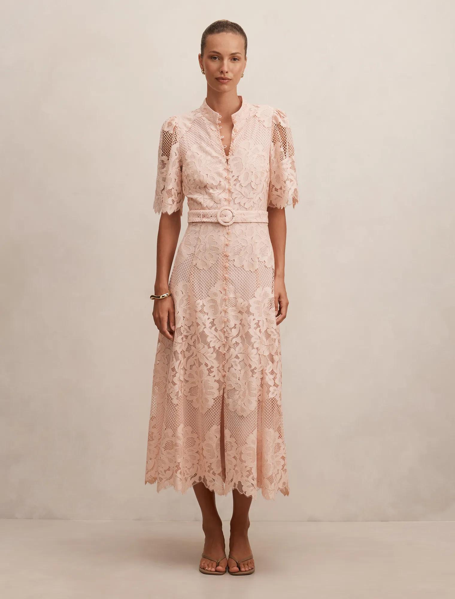 Forever New Women's Liberty Flutter Sleeve Lace Midi Dress in Soft Pink, Size Cotton