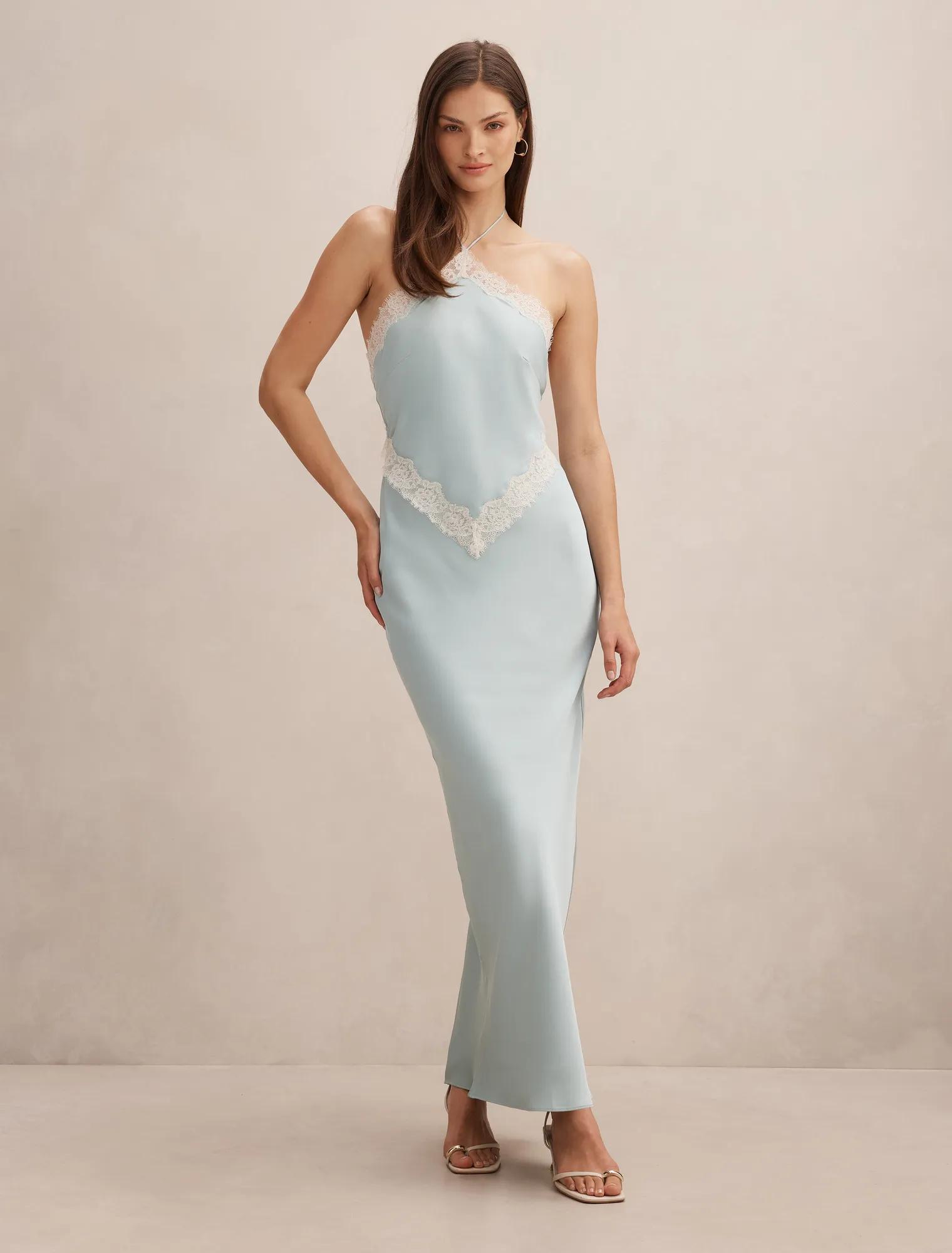 Forever New Women's Kelli Lace Strappy Satin Maxi Dress in Soft Blue, Size Recycled Polyester