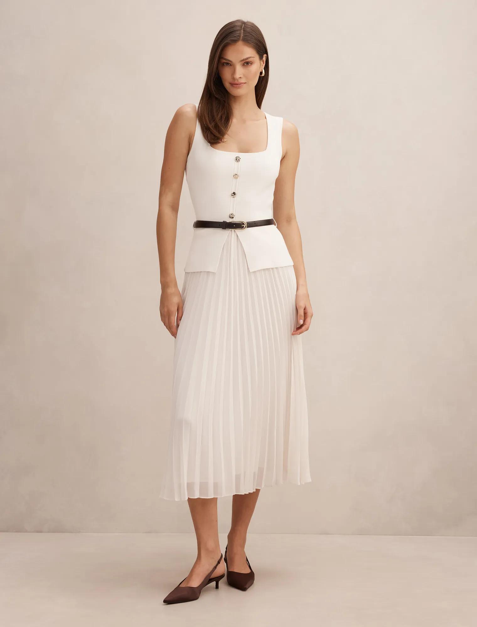 Forever New Women's Delphine Sleeveless Square Neck Dress in Cream, Size ViscosePolyesterPolyamide