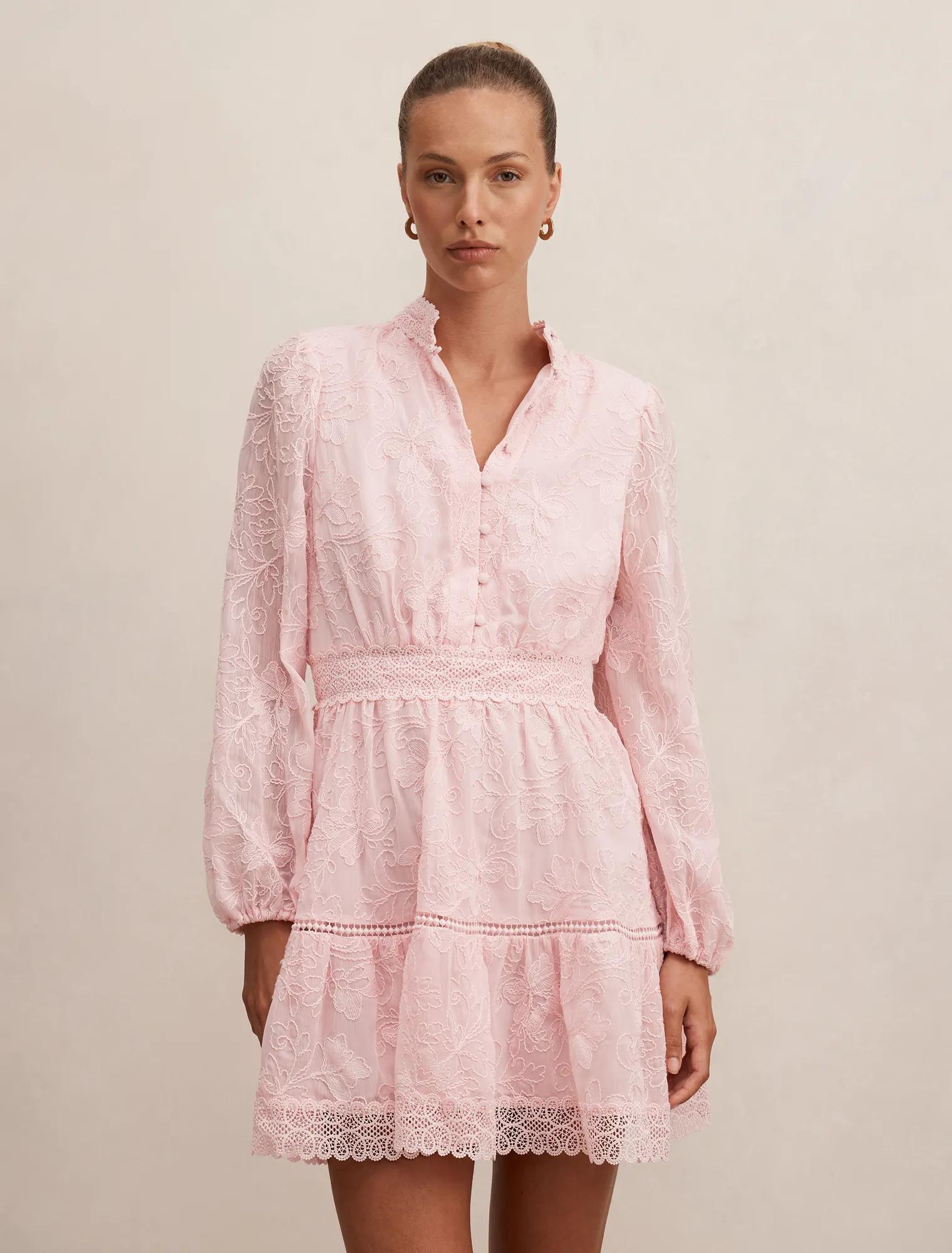 Forever New Women's Thalia Embroidered Skater Mini Dress in Soft Pink, Size Recycled Polyester