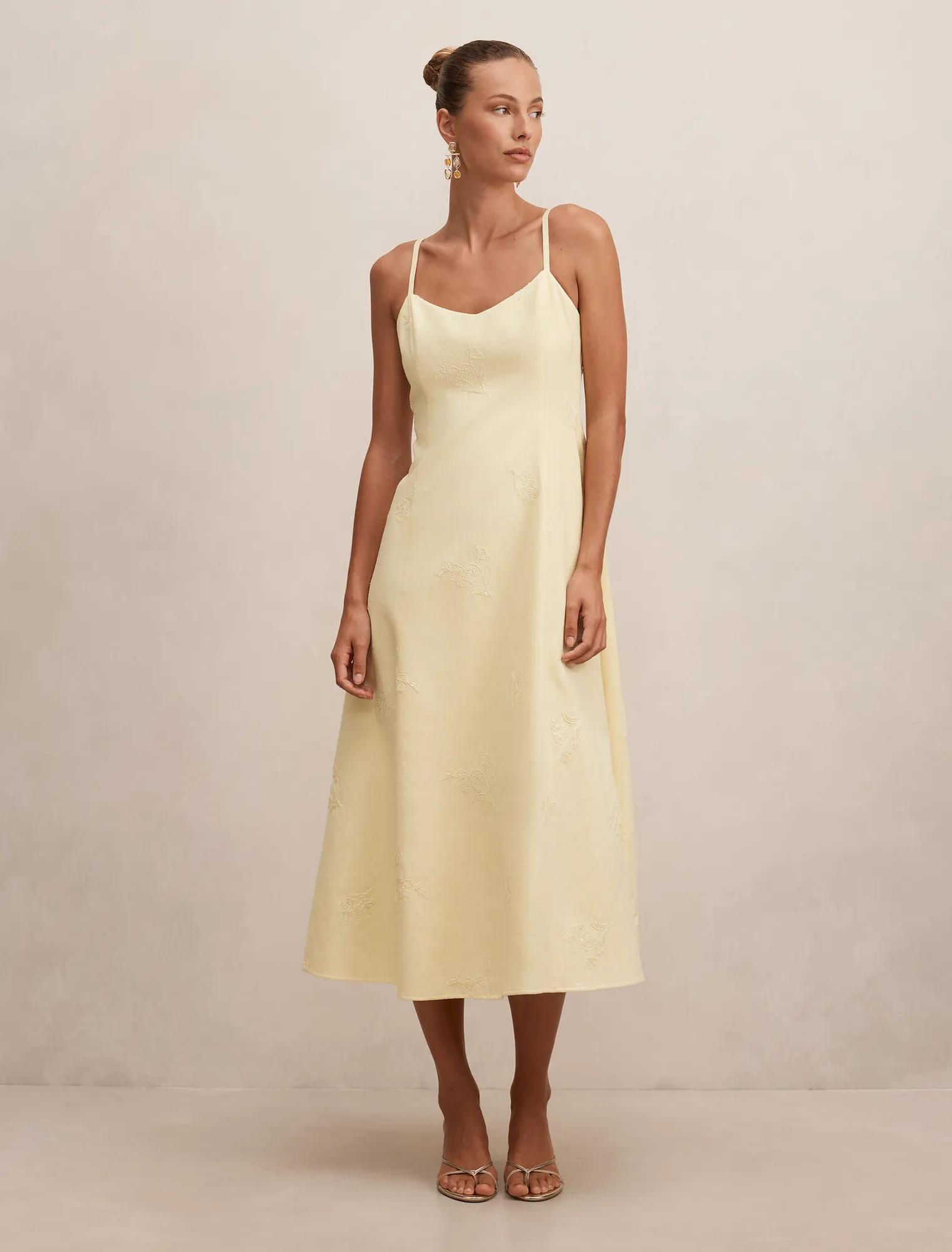 Forever New Women's Tiffany Embroidery Sequin Midi Dress in Spring Daffodil, Size Cotton