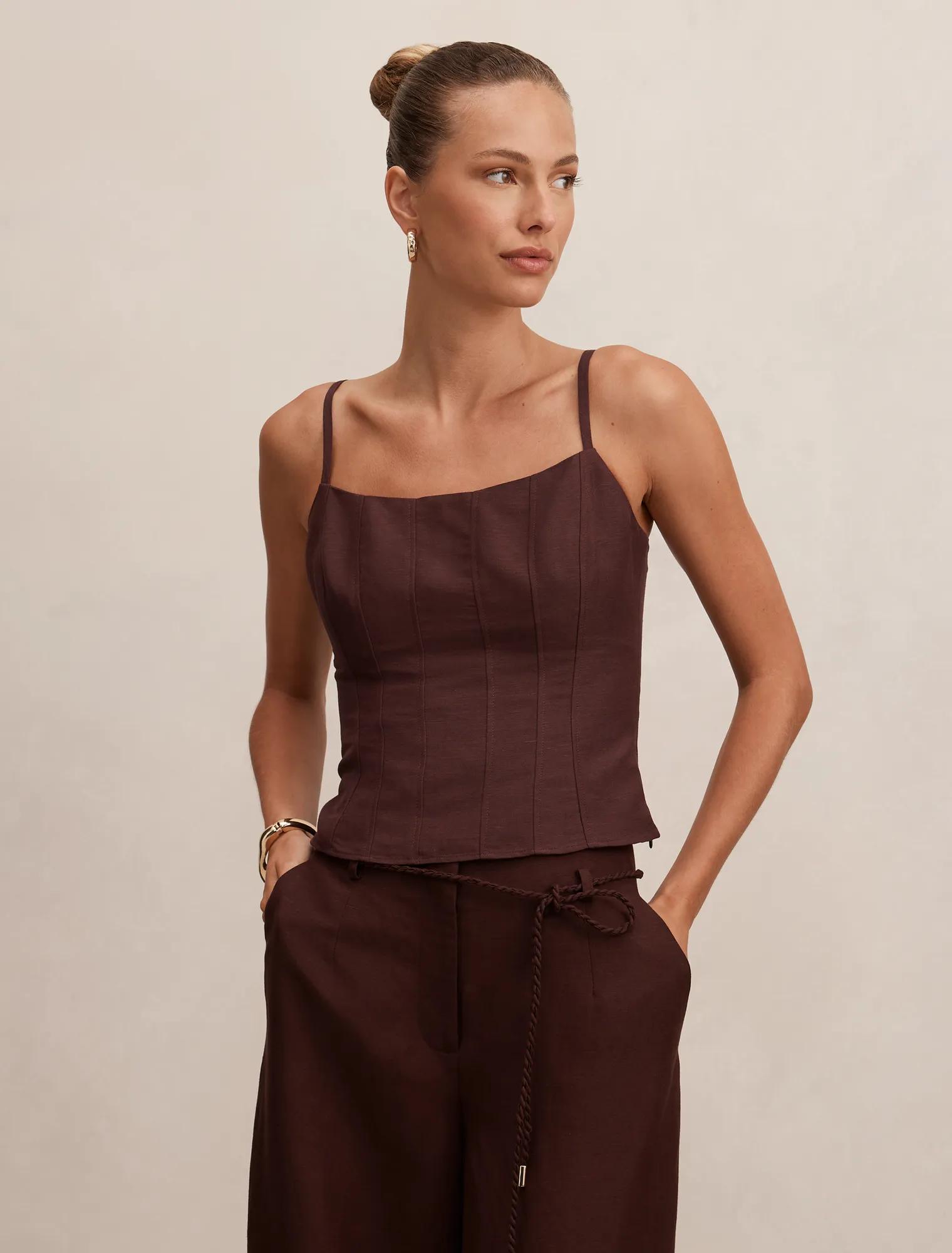 Forever New Women's River Corset Top in Chocolate, Size Linen