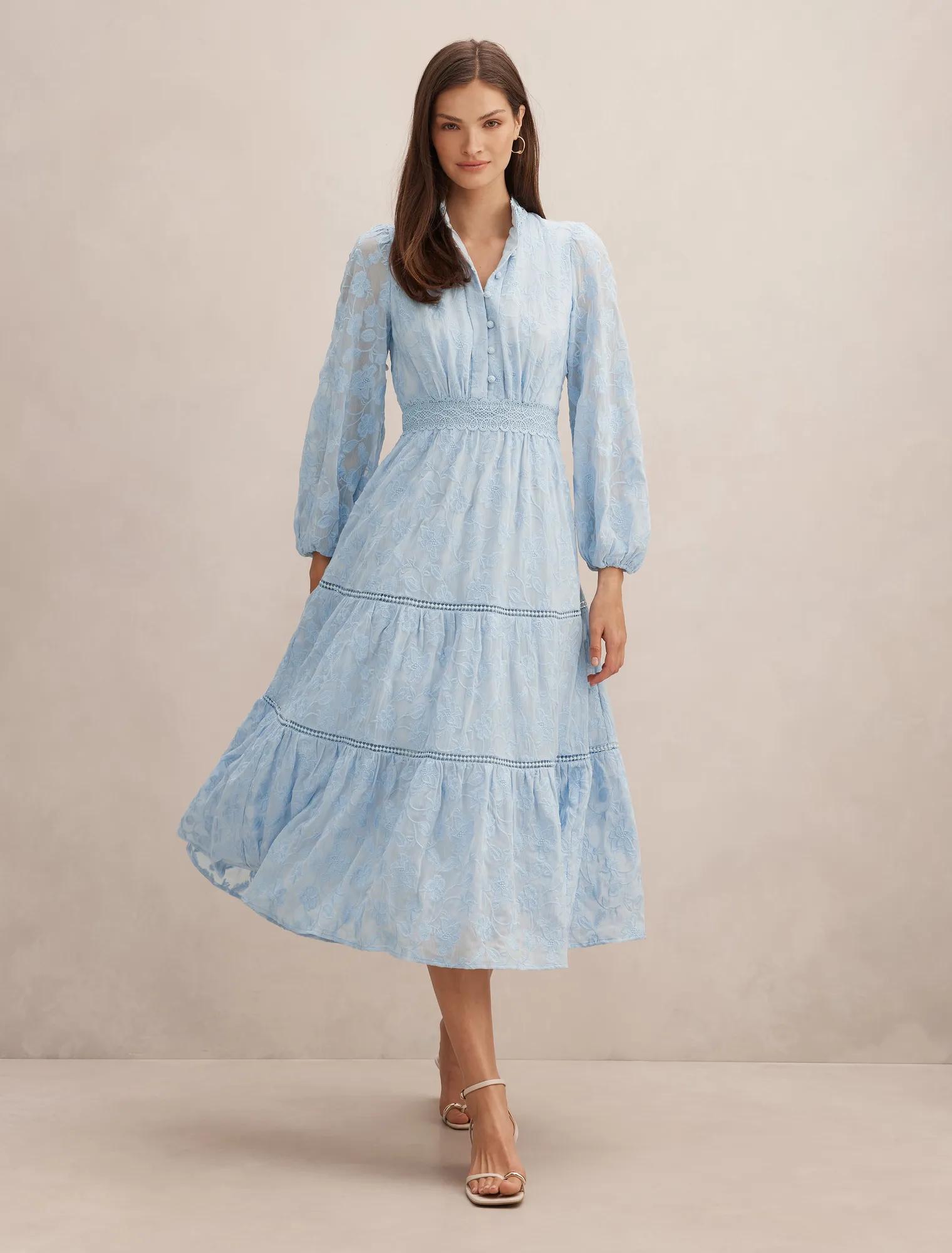 Forever New Women's Nala Embroidered Midi Dress in Soft Blue, Size MainRecycled Polyester