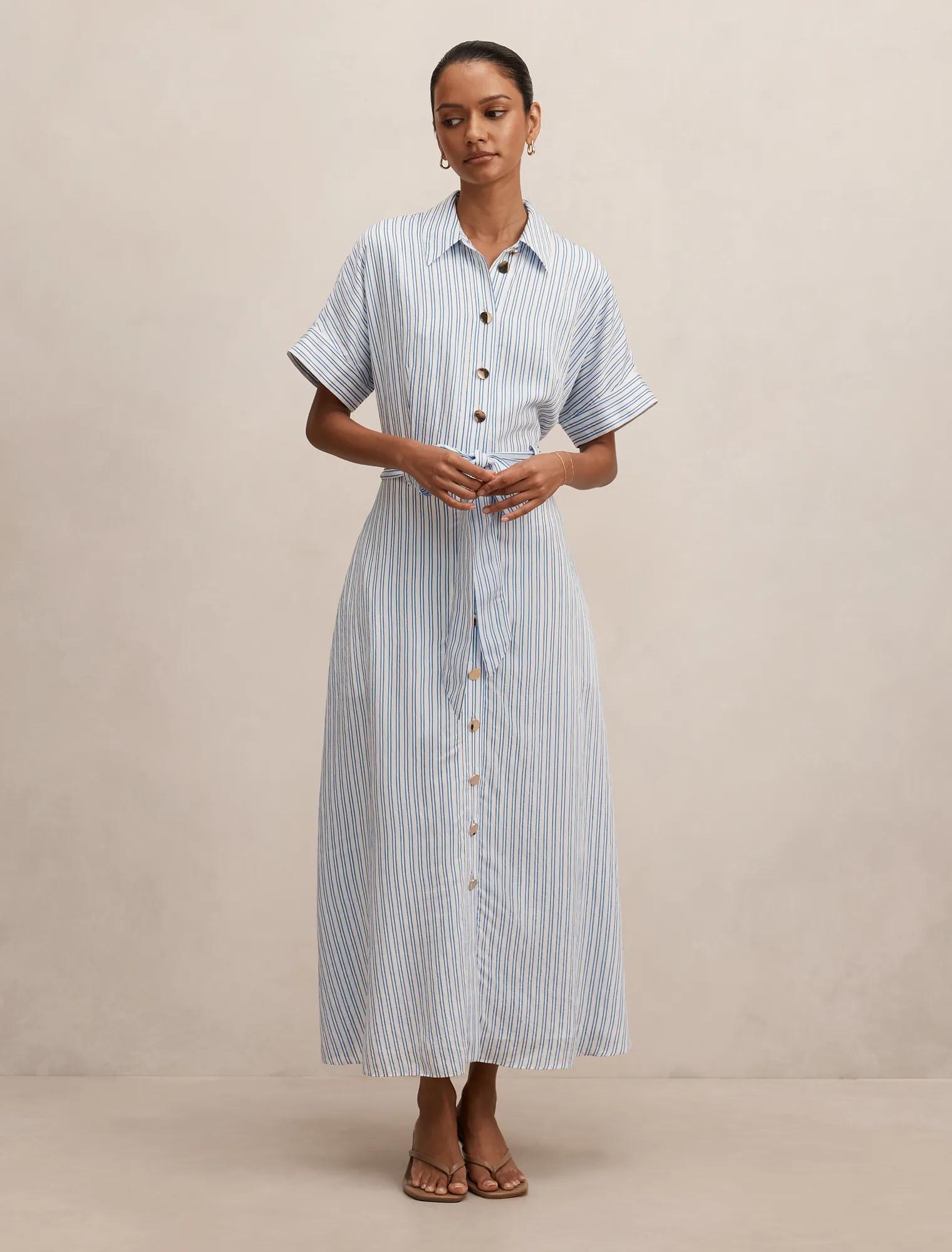 Forever New Women's Emma Petite Stripe Midi Dress in Blue & White Stripe, Size Viscose