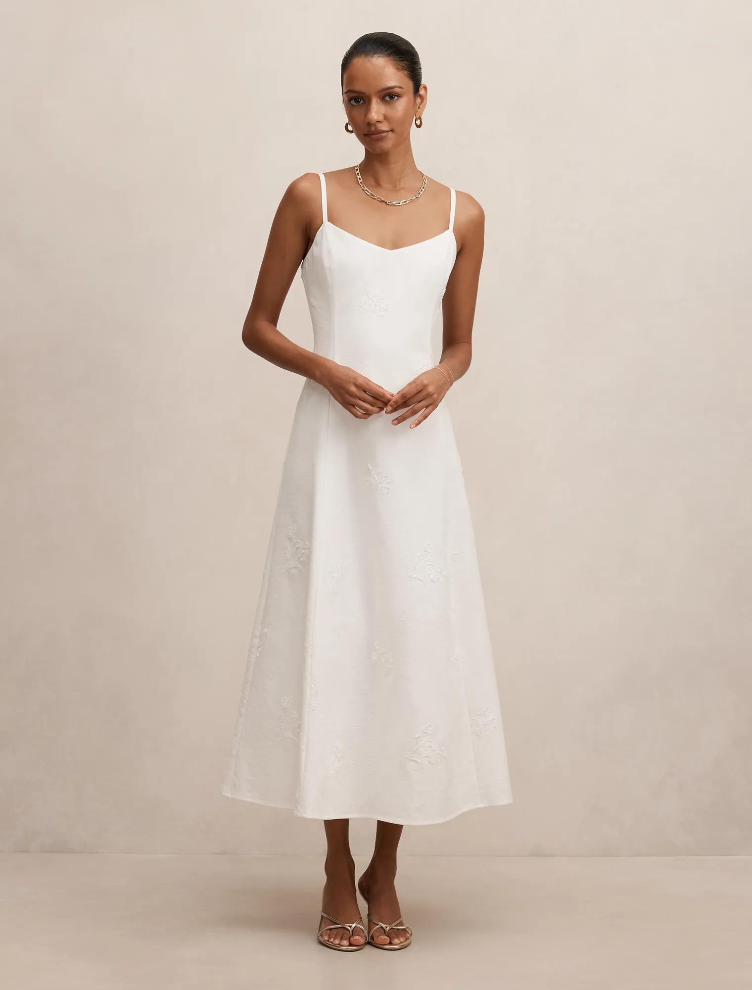 Forever New Women's Tiffany Petite Embroidery Sequin Midi Dress in Porcelain, Size Cotton