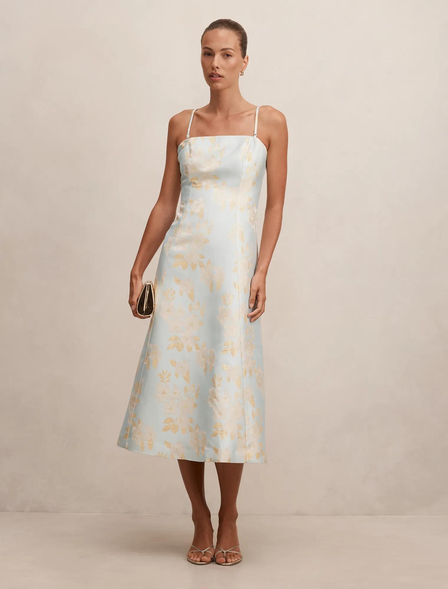Forever New Women's Charlotte Floral Jacquard Midi Dress in Blue Gold, Size Recycled PolyesterRecycled Polyester