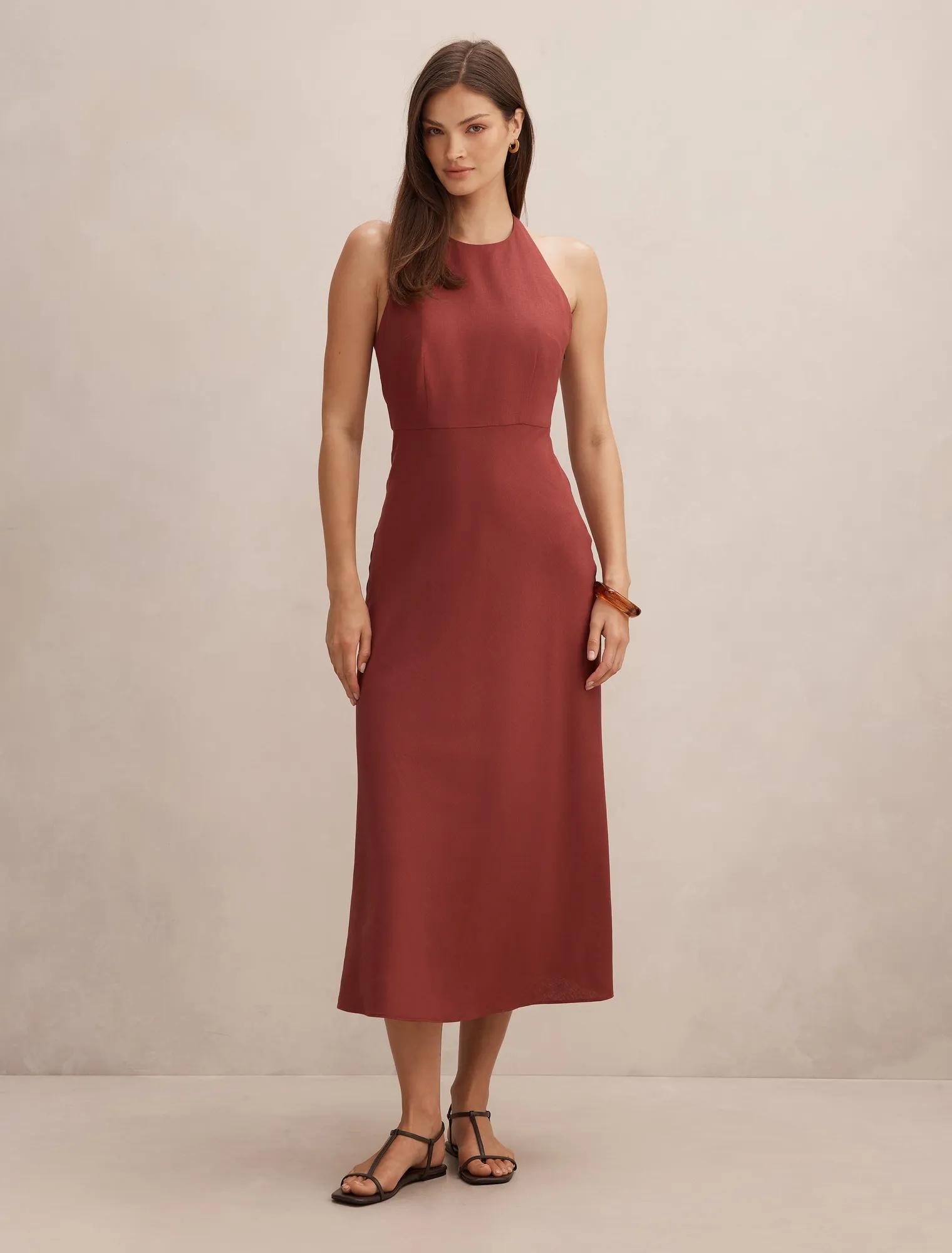 Forever New Women's Soraya Beaded Back Midi Dress in New Maroon, Size Linen