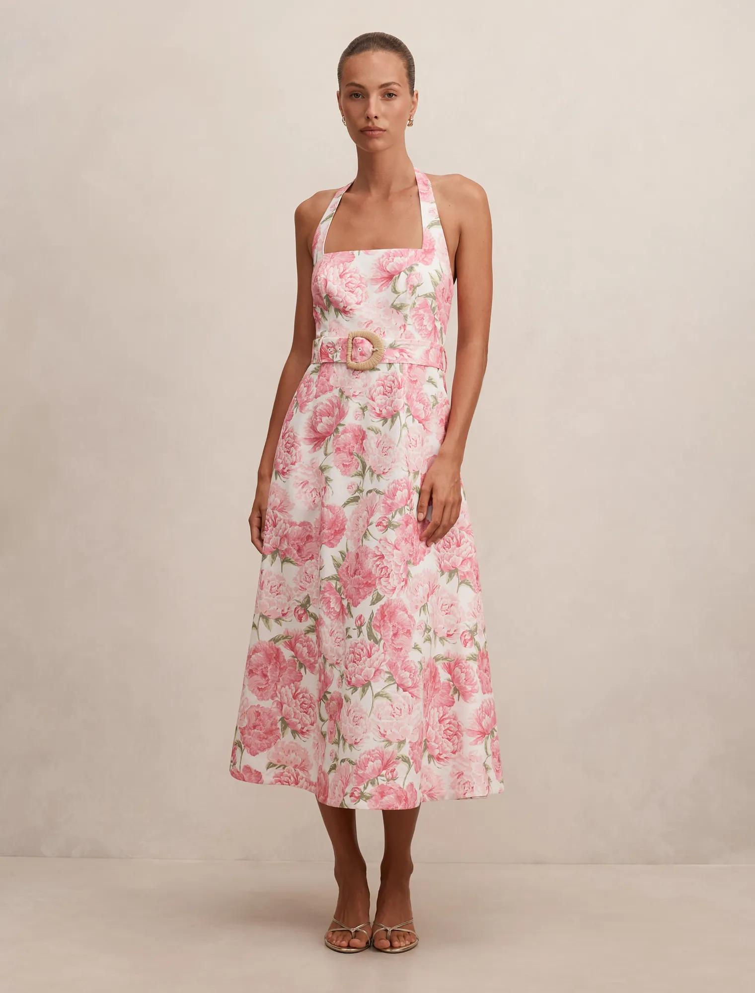 Forever New Women's Blossom Halter Midi Dress in Pink Loft Floral, Size Linen