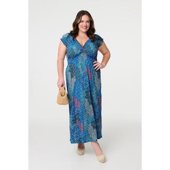 Izabel London Peacock Print V-Neck Maxi Dress women's Long Dress in Blue