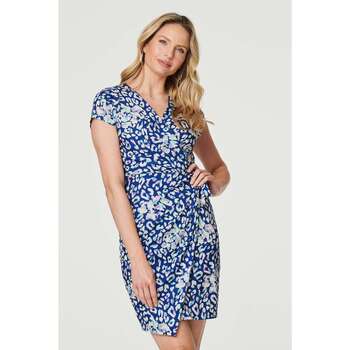 Izabel London Animal Print Ruched Short Wrap Dress women's Dress in Blue