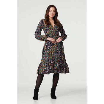 Izabel London Patchwork Print Ruffled Wrap Dress women's Long Dress in Black