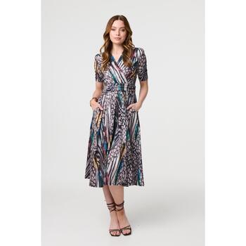 Izabel London Printed Faux Wrap Front Jersey Midi Dress women's Long Dress in Beige