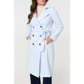 Izabel London Slim Knee Length Tie Waist Trench Coat women's Trench Coat in Blue