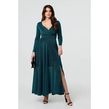 Izabel London Sparkly V-Neck Long Sleeve Maxi Dress women's Long Dress in Green