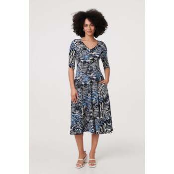 Izabel London Abstract V-Neck Sleeve Midi Dress women's Long Dress in Blue