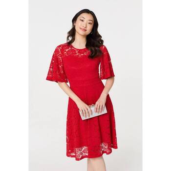 Izabel London Lace Overlay Knee Length Skater Dress women's Dress in Red