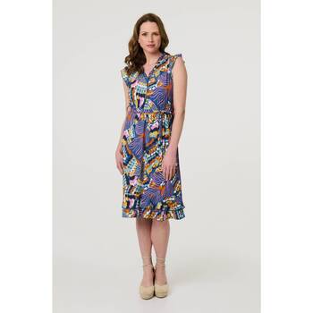 Izabel London Abstract Frill Cap Sleeve Wrap Midi Dress women's Long Dress in Blue