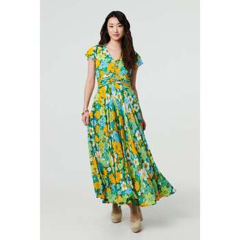 Izabel London Floral Ruched Cap Sleeve Maxi Dress women's Long Dress in Green