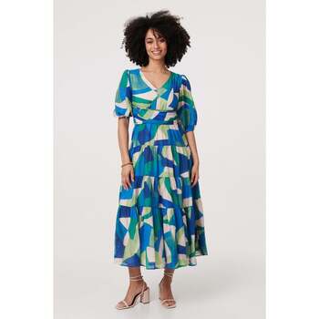 Izabel London Abstract Ruched Sleeve Midi Dress women's Long Dress in Green