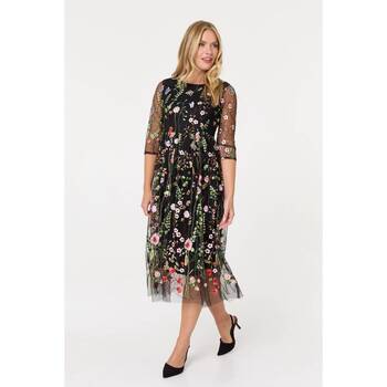 Izabel London Floral Embroidered Mesh Midi Dress women's Long Dress in Black