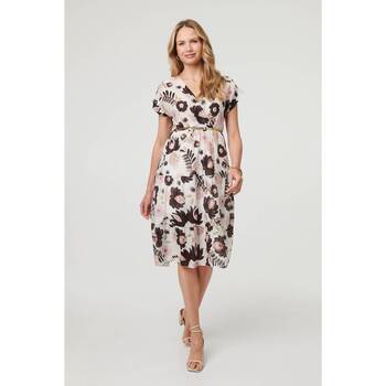 Izabel London Floral Cap Sleeve Belted Wrap Midi Dress women's Long Dress in Black