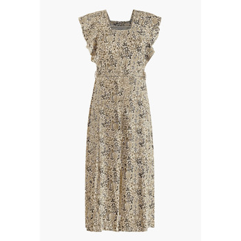 Enorsia Square Neck Tie Waist Jersey Dress With Frill Sleeve Detail women's Long Dress in Brown