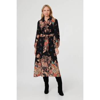 Izabel London Floral Tie Waist Maxi Shirt Dress women's Long Dress in Black