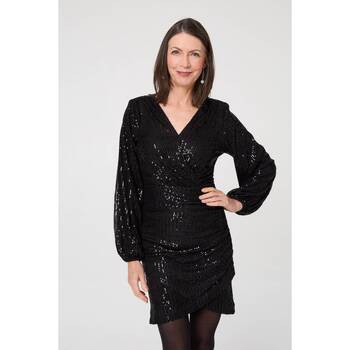 Izabel London Sequinned Long Sleeve Short Wrap Dress women's Dress in Black