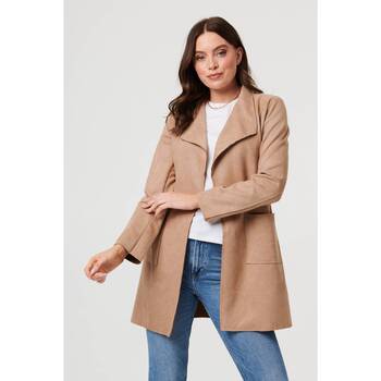 Izabel London Faux Suede Collared Open Front Jacket women's Coat in Brown