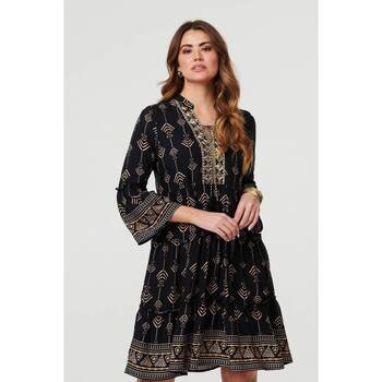 Izabel London Printed Metallic Trim Knee Length Dress women's Dress in Black