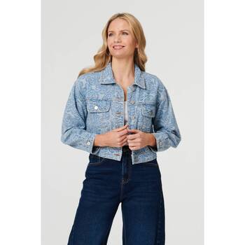 Izabel London Floral Print Cropped Denim Jacket women's Denim jacket in Blue